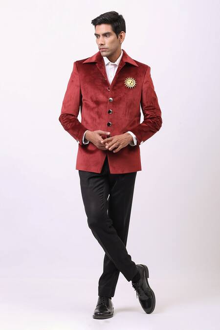 Buy_Cosa Nostraa_Red Velvet Phase Of Life Embellished Jacket _Online_at_Aza_Fashions