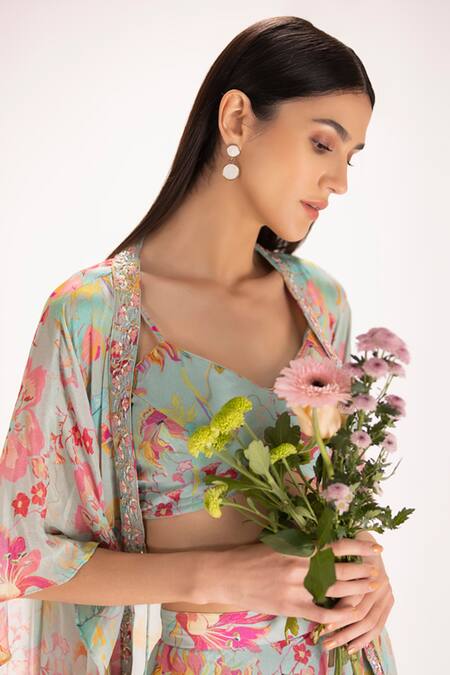 Koashee By Shubitaa_Green Wrinkle Crepe Floral V Neck Print Jacket And Dhoti Pant Set_Online_at_Aza_Fashions