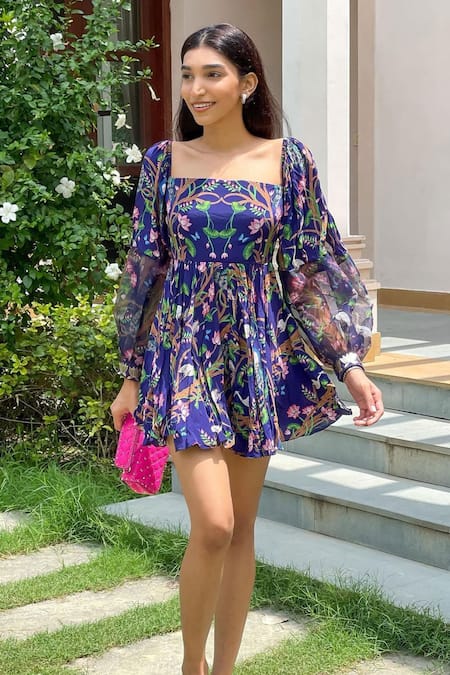 Buy_Limerick By Abirr N' Nanki_Blue Organza, Crepe Square Neck Printed Flared Short Dress _Online_at_Aza_Fashions
