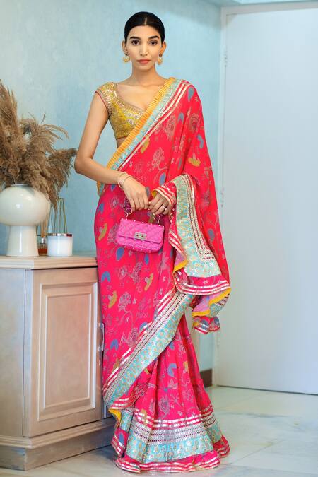 Shop_Gopi Vaid_Pink Saree Chiffon Blouse Cotton Silk Embroidery Scoop Printed Ruffle Set _at_Aza_Fashions