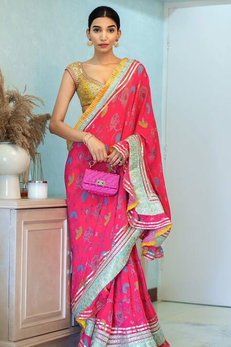 Buy_Gopi Vaid_Pink Saree Chiffon Blouse Cotton Silk Embroidery Scoop Printed Ruffle Set _Online_at_Aza_Fashions