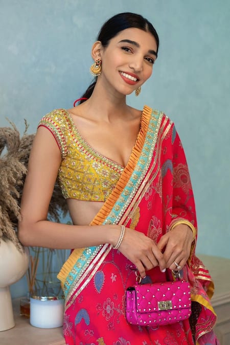 Shop_Gopi Vaid_Pink Saree Chiffon Blouse Cotton Silk Embroidery Scoop Printed Ruffle Set _Online_at_Aza_Fashions