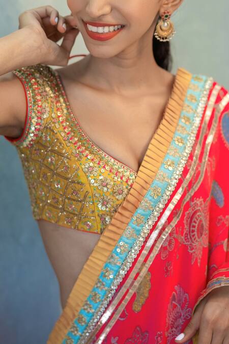 Gopi Vaid_Pink Saree Chiffon Blouse Cotton Silk Embroidery Scoop Printed Ruffle Set _at_Aza_Fashions