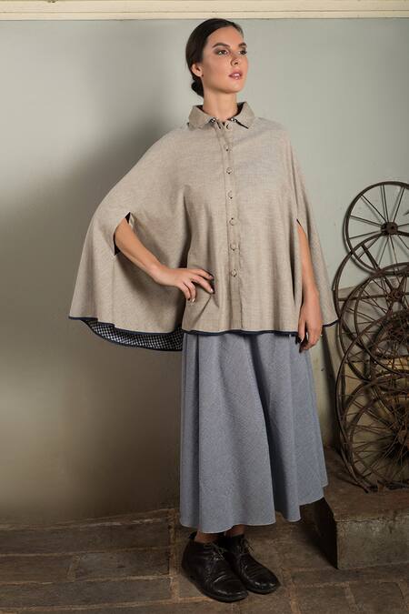 Chillosophy_Beige Cotton Silk Shirt Collar Reversible Cape_Online_at_Aza_Fashions