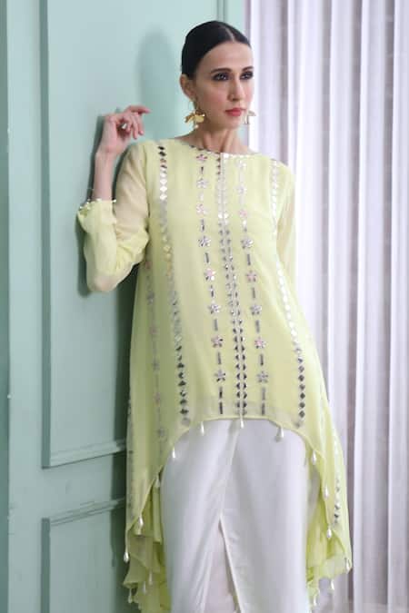 Buy_Seams Pret And Couture_Green Georgette Hand Embroidered Bead Work Julia Asymmetric Kurta And Pant Set _Online_at_Aza_Fashions