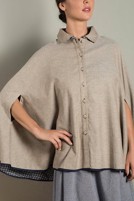 Buy_Chillosophy_Beige Cotton Silk Shirt Collar Reversible Cape_Online_at_Aza_Fashions