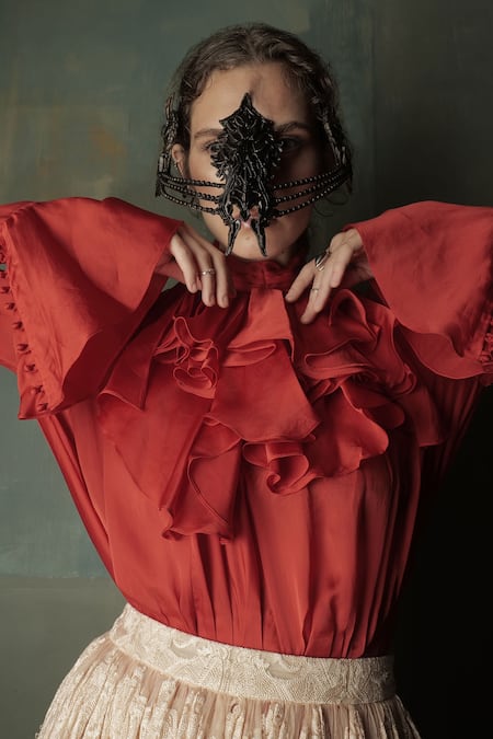 Buy_Nidhi Yasha_Red Viscose Plain Tie-up Bell Sleeve Ruffle Dress  _Online_at_Aza_Fashions