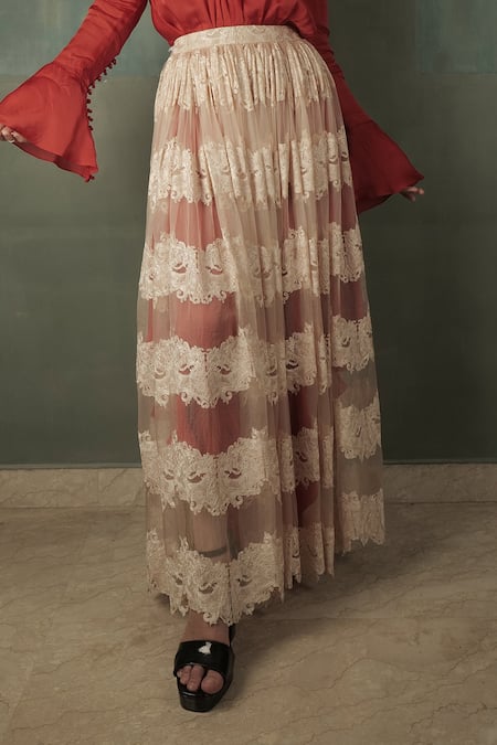 Nidhi Yasha_White Viscose Embroidered Lace Work Skirt  _Online_at_Aza_Fashions