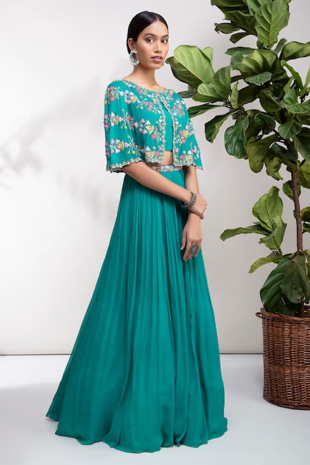 Aneesh Agarwaal Green Chiffon Round Embroidered Cape Lehenga Set 