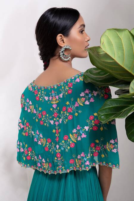Aneesh Agarwaal_Green Chiffon Round Embroidered Cape Lehenga Set _Online_at_Aza_Fashions