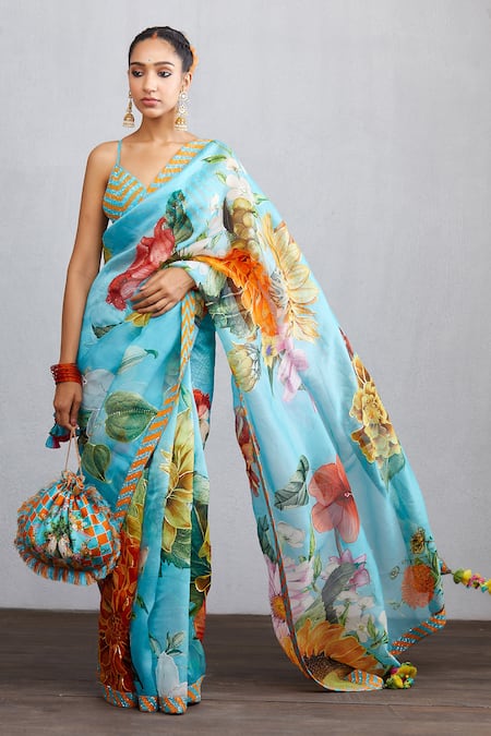 Torani_Blue Firoza Silk Organza Abani Saree_Online_at_Aza_Fashions