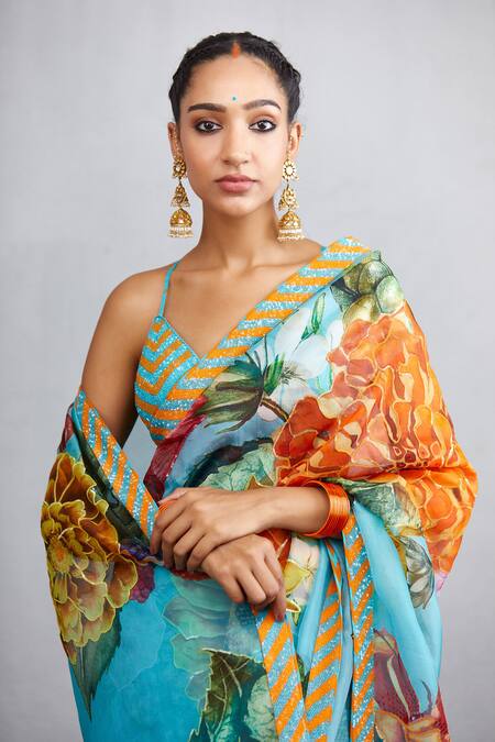 Torani_Blue Firoza Silk Organza Abani Saree_at_Aza_Fashions