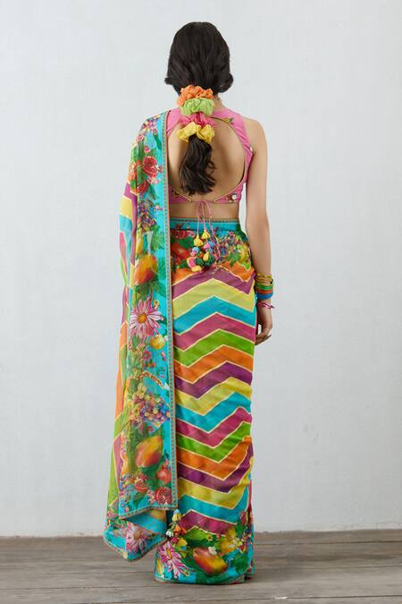 Buy_Torani_Pink Silk Crepe Rang Rani Aksa Saree Blouse_Online_at_Aza_Fashions