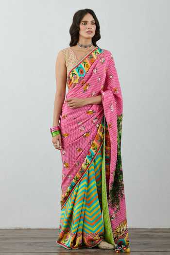 Torani_Pink Silk Crepe Rang Rani Kanan Saree_Online_at_Aza_Fashions