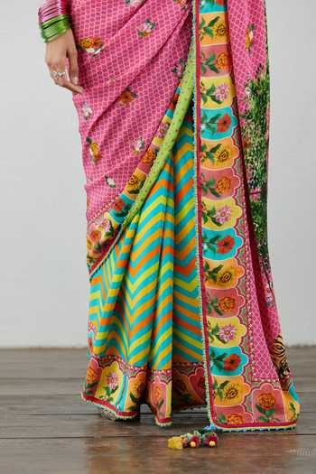 Torani_Pink Silk Crepe Rang Rani Kanan Saree_at_Aza_Fashions