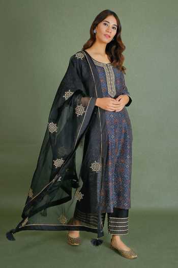 Shrutkirti_Blue Chanderi Ajrakh Block Print Kurta Set_Online_at_Aza_Fashions