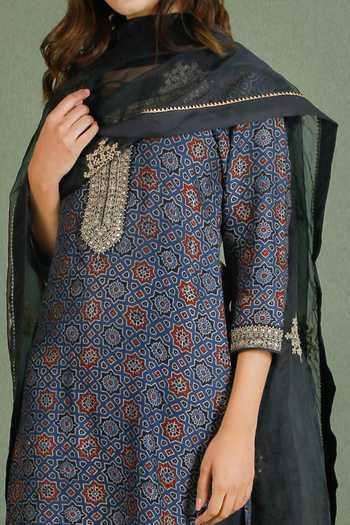 Buy_Shrutkirti_Blue Chanderi Ajrakh Block Print Kurta Set_Online_at_Aza_Fashions