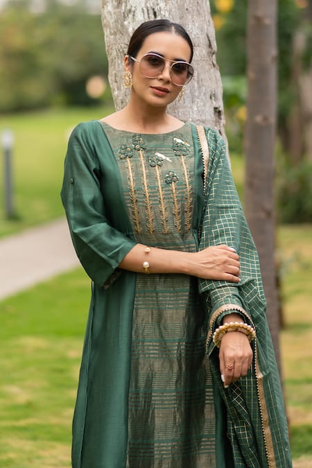 Buy_Kritika Dawar_Green Kurta Chanderi Tissue Pant Cotton Dupatta Chanderi Palazzo Set _Online_at_Aza_Fashions