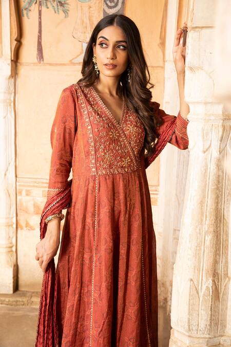 Kritika Dawar_Red Anarkali Tissue Chanderi Churidar Lycra Net Dupatta Silk Lining Set_Online_at_Aza_Fashions