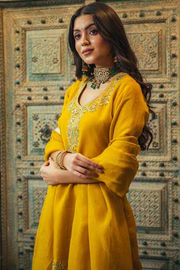 Kritika Dawar_Yellow Tissue Embroidered Kurta Sharara Set_Online_at_Aza_Fashions