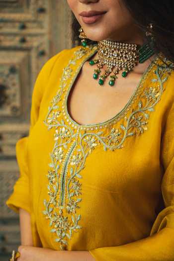 Buy_Kritika Dawar_Yellow Tissue Embroidered Kurta Sharara Set_Online_at_Aza_Fashions