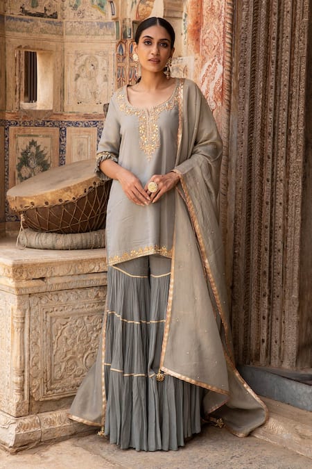 Kritika Dawar_Blue Kurta And Dupatta Tissue Sharara Foil Georgette Lining With Tiered Set _Online_at_Aza_Fashions