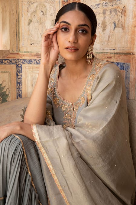 Buy_Kritika Dawar_Blue Kurta And Dupatta Tissue Sharara Foil Georgette Lining With Tiered Set _Online_at_Aza_Fashions