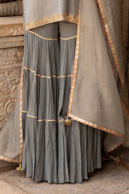 Shop_Kritika Dawar_Blue Kurta And Dupatta Tissue Sharara Foil Georgette Lining With Tiered Set _Online_at_Aza_Fashions