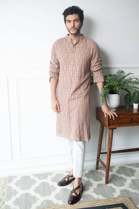 Shop_Contrast By Parth_Brown Embroidered Georgette Chikankari Kurta And Pant Set_at_Aza_Fashions