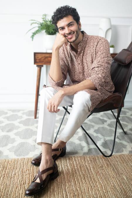 Contrast By Parth_Brown Embroidered Georgette Chikankari Kurta And Pant Set_Online_at_Aza_Fashions