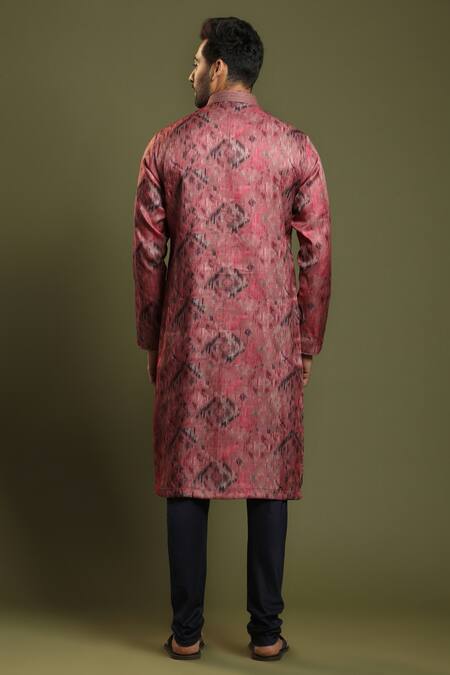 Shop_Kora By Nilesh Mitesh_Pink Silk Blend Printed Ikkat Kurta Set _at_Aza_Fashions