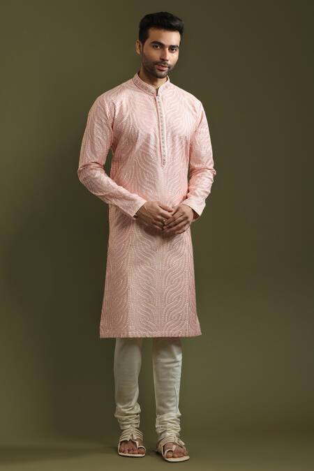 Kora By Nilesh Mitesh Pink Cotton Blend Embroidered Lucknowi Work Kurta Set 