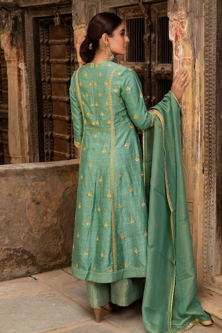 Shop Kritika Dawar Green Shantoon, Kurta Linen Silk Palazzo Tissue Dupatta Embroidered Set at Aza Fashions Shop_Kritika Dawar_Green Shantoon, Kurta Linen Silk Palazzo Tissue Dupatta Embroidered Set _at_Aza_Fashions