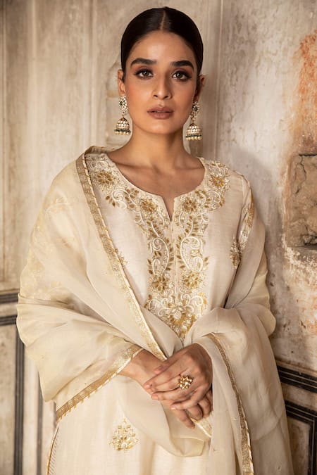 Shop_Kritika Dawar_White Shantoon, Kurta Linen Silk Palazzo Tissue Dupatta Embroidered Set _Online_at_Aza_Fashions