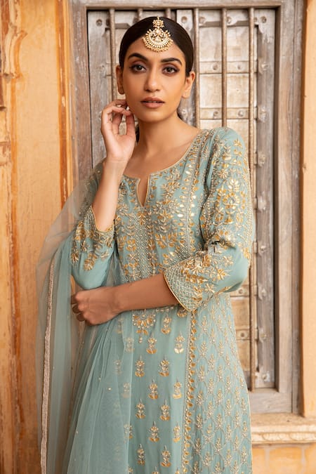 Kritika Dawar_Blue Shantoon, Kurta Georgette Skirt Floral Jaal Embroidered Lehenga Set _Online_at_Aza_Fashions