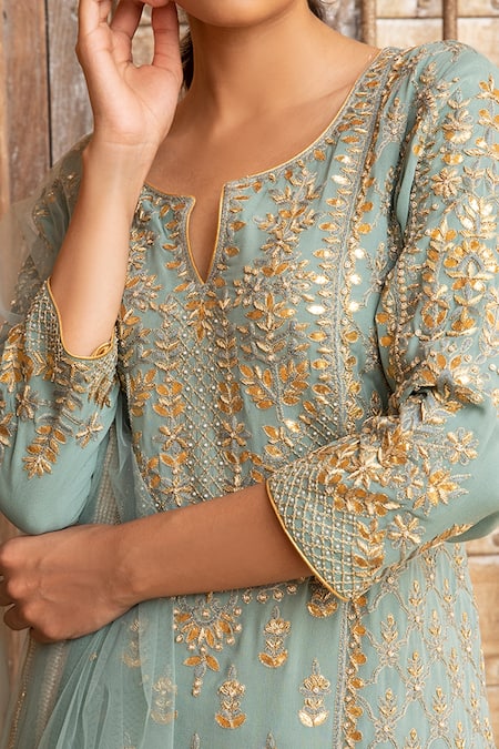 Buy_Kritika Dawar_Blue Shantoon, Kurta Georgette Skirt Floral Jaal Embroidered Lehenga Set _Online_at_Aza_Fashions