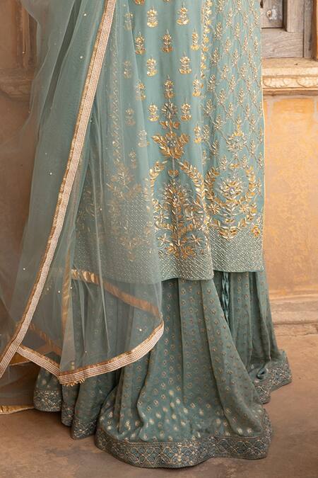 Shop_Kritika Dawar_Blue Shantoon, Kurta Georgette Skirt Floral Jaal Embroidered Lehenga Set _Online_at_Aza_Fashions