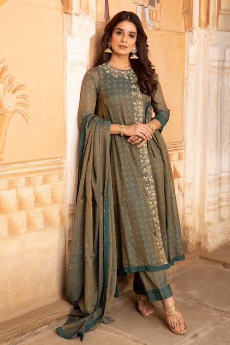 Kritika Dawar_Blue Lining Mulmul, Tissue Chanderi Round Angarkha Set_Online_at_Aza_Fashions