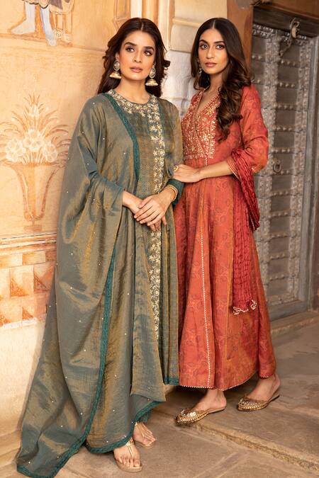 Buy_Kritika Dawar_Blue Lining Mulmul, Tissue Chanderi Round Angarkha Set_Online_at_Aza_Fashions