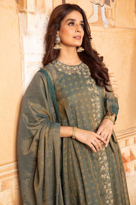 Shop_Kritika Dawar_Blue Lining Mulmul, Tissue Chanderi Round Angarkha Set_Online_at_Aza_Fashions