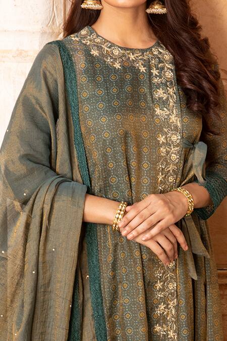 Kritika Dawar_Blue Lining Mulmul, Tissue Chanderi Round Angarkha Set_at_Aza_Fashions