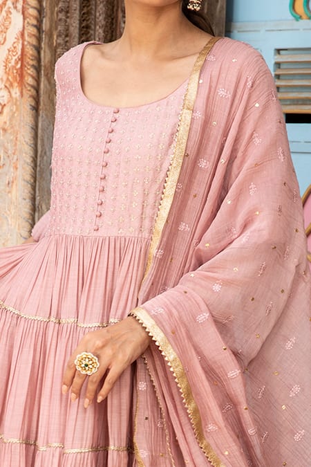 Buy Kritika Dawar Pink Anarkali Chanderi Cotton Silk Pant Cotton Dupatta Tiered Set Online at Aza Fashions Buy_Kritika Dawar_Pink Anarkali Chanderi Cotton Silk Pant Cotton Dupatta Tiered Set _Online_at_Aza_Fashions