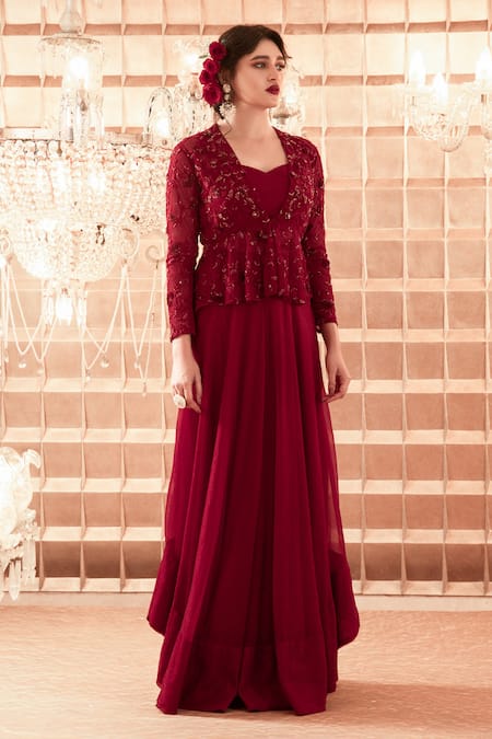 Buy_Charu And Vasundhara_Maroon Bustier Silk Jacket Net Pant Organza Bustier Gharara Set With_Online_at_Aza_Fashions