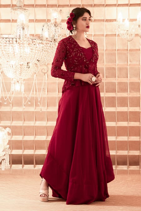 Shop_Charu And Vasundhara_Maroon Bustier Silk Jacket Net Pant Organza Bustier Gharara Set With_Online_at_Aza_Fashions