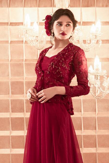 Charu And Vasundhara_Maroon Bustier Silk Jacket Net Pant Organza Bustier Gharara Set With_at_Aza_Fashions