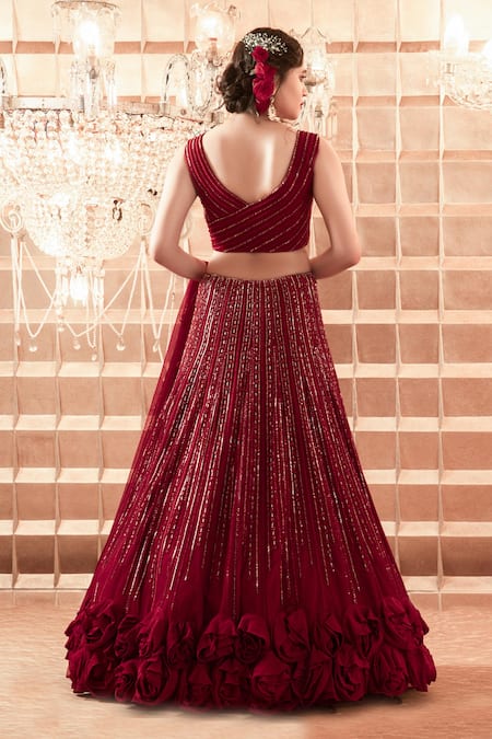 Shop Charu And Vasundhara Maroon Lehenga And Dupatta Net Blouse Silk Hand Embroidered Bridal Set at Aza Fashions Shop_Charu And Vasundhara_Maroon Lehenga And Dupatta Net Blouse Silk Hand Embroidered Bridal Set _at_Aza_Fashions