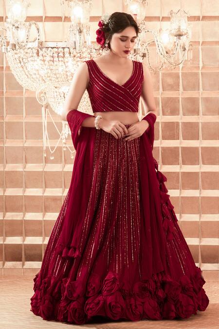 Charu And Vasundhara Maroon Lehenga And Dupatta Net Blouse Silk Hand Embroidered Bridal Set Online at Aza Fashions Charu And Vasundhara_Maroon Lehenga And Dupatta Net Blouse Silk Hand Embroidered Bridal Set _Online_at_Aza_Fashions