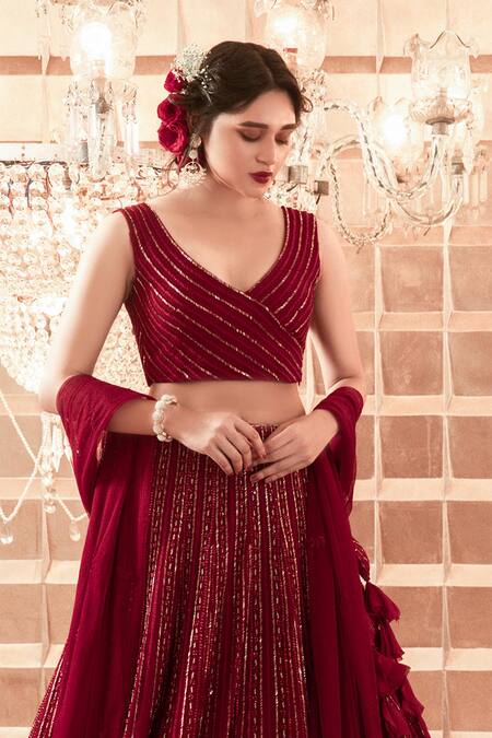 Buy Charu And Vasundhara Maroon Lehenga And Dupatta Net Blouse Silk Hand Embroidered Bridal Set Online at Aza Fashions Buy_Charu And Vasundhara_Maroon Lehenga And Dupatta Net Blouse Silk Hand Embroidered Bridal Set _Online_at_Aza_Fashions