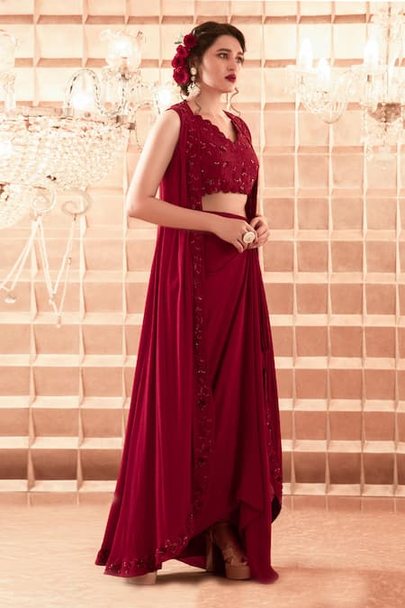 Shop Charu And Vasundhara Maroon Jacket Paper Silk Blouse Silk Lehenga Crepe Embroidered Set With at Aza Fashions Shop_Charu And Vasundhara_Maroon Jacket Paper Silk Blouse Silk Lehenga Crepe Embroidered Set With _at_Aza_Fashions