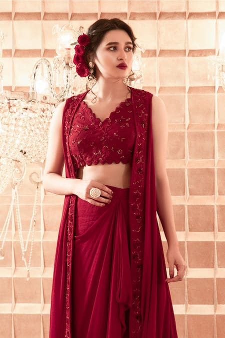 Charu And Vasundhara Maroon Jacket Paper Silk Blouse Silk Lehenga Crepe Embroidered Set With Online at Aza Fashions Charu And Vasundhara_Maroon Jacket Paper Silk Blouse Silk Lehenga Crepe Embroidered Set With _Online_at_Aza_Fashions